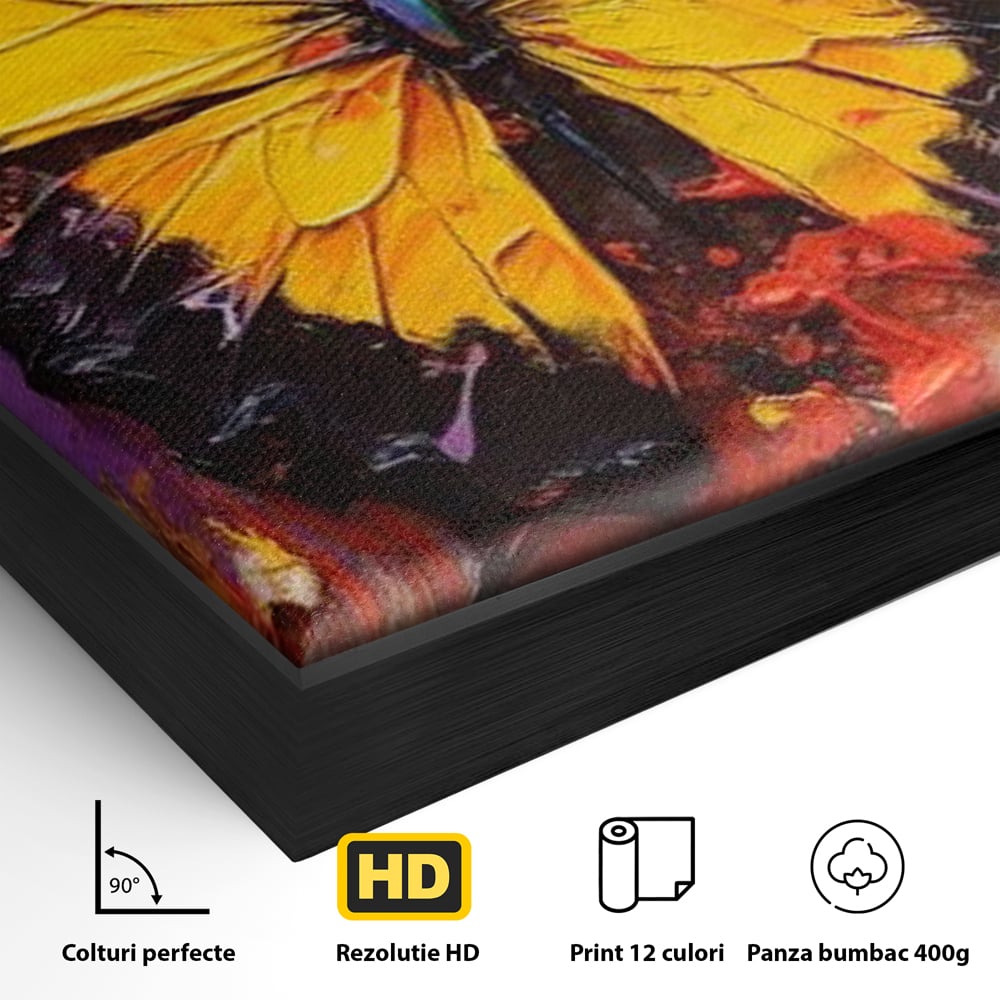 Detaliu al suprafetei: pictura cu fluture galben, in rama de aluminiu negru